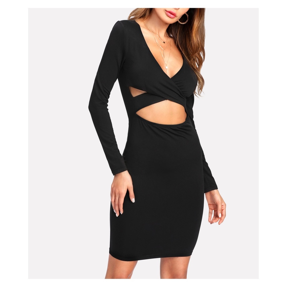 Black V Neck Long Sleeve Cut Out Bodycon Dress - Picture 3 of 4